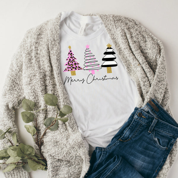 Pink and Leopard Christmas Tree Shirt, Christmas Shirt, Holiday Shirt, Christmas Graphic t-shirt, Cute Christmas Shirt, Unisex T-Shirt