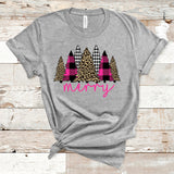 Merry Plaid Leopard Houndstooth Christmas Trees Short sleeve t-shirt, Gift for Her, Pine Trees Shirt, Holiday Shirt, Festive Tshirt