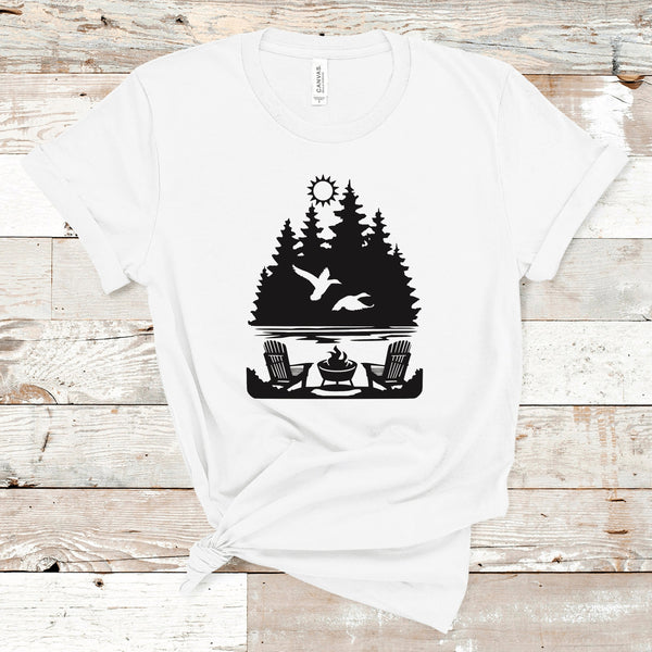 Adirondack Chairs Campfire Shirt, Forest Woods Scene Shirt, Woods scene Shirt, Hiking Shirt, Camping Shirt, Nature Shirt, Gift for her