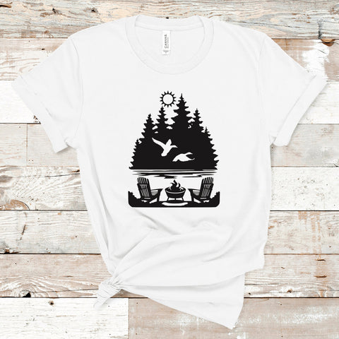 Adirondack Chairs Campfire Shirt, Forest Woods Scene Shirt, Woods scene Shirt, Hiking Shirt, Camping Shirt, Nature Shirt, Gift for her