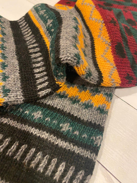 Gray, red, Black, Yellow and Green Accents in these cute Wool Nordic Fashion Knitted Leg Warmers with Pattern, dance, yoga, fashion