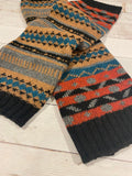 Tan, orange, blue, gray and black accents in these cute Wool Nordic Fashion Knitted Leg Warmers with Pattern, dance, yoga, fashion