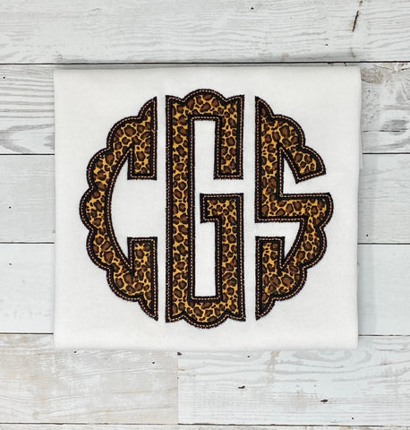 Leopard Scalloped Round Monogram Shirt, Girls Initials Shirt, Cheetah Appliqué Name Shirt , Personalized Girls Shirt, Embroidery Shirt