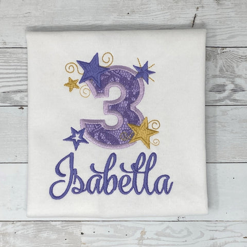 Stars and Lace Birthday Shirt, Girls Birthday Shirt, Purple Lace Age Shirt, Stars Birthday Shirt, Embroidery Birthday Shirt, Gift for Girl
