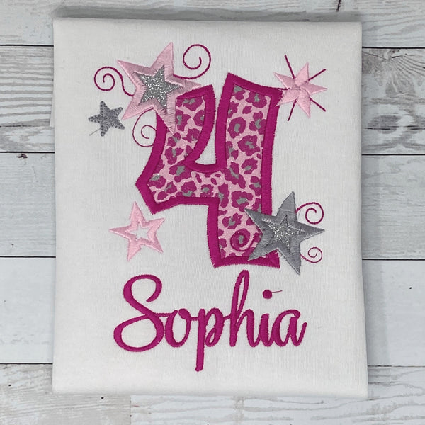 Stars and Pink Leopard Birthday Shirt, Girls Birthday Shirt, Pink Leopard Age Shirt, Stars Birthday Shirt, Embroidery Shirt, Gift for Girl