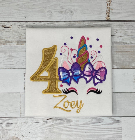 Unicorn with Bows Birthday Shirt, Girls Birthday Appliqué Shirt, Flower name age top Unicorn, Embroidery Birthday Shirt, Gift for Girl
