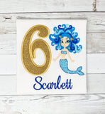 Blue Mermaid Birthday Shirt, Girls Birthday Appliqué Shirt, Mermaid name age top, Embroidery Birthday Shirt, girls custom shirt, girls gift