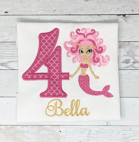 Pink Mermaid Birthday Shirt, Girls Birthday Appliqué Shirt, Mermaid name age top, Embroidery Birthday Shirt, girls custom shirt, girls gift