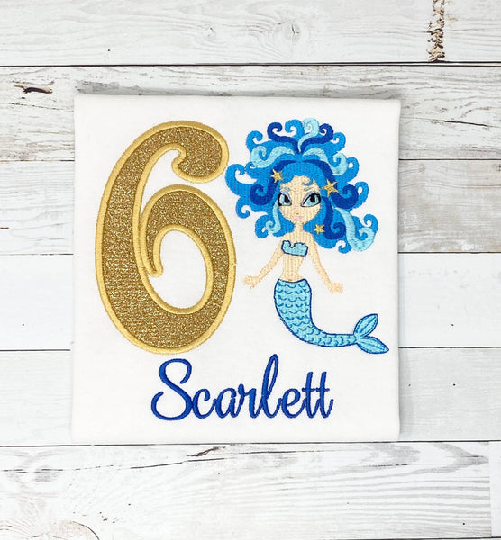 Blue Mermaid Birthday Shirt, Girls Birthday Appliqué Shirt, Mermaid name age top, Embroidery Birthday Shirt, girls custom shirt, girls gift