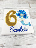 Blue Mermaid Birthday Shirt, Girls Birthday Appliqué Shirt, Mermaid name age top, Embroidery Birthday Shirt, girls custom shirt, girls gift