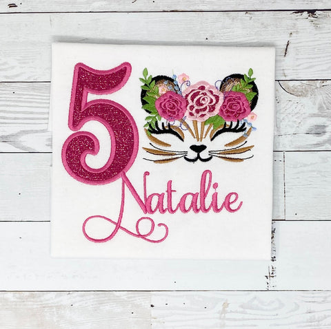 Tiger with Roses Name Age Shirt, Girls Kitty Name Shirt, Embroidered Shirt, Animal Lover Top, Embroidery Birthday Shirt, Gift for Girl