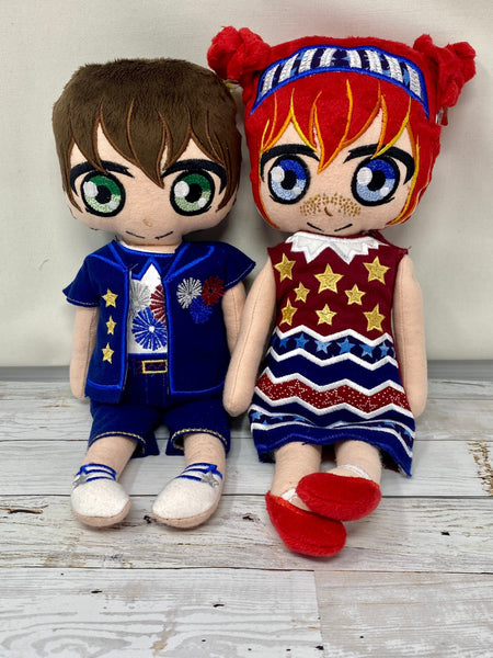 American Stuffie Embroidered Boy or Girl Doll in Patriotic Theme Clothing