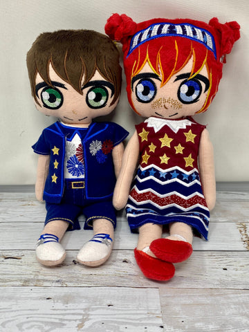 American Stuffie Embroidered Boy or Girl Doll in Patriotic Theme Clothing