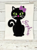 Black Cat with Name Applique and Embroidered Custom Children's Shirt