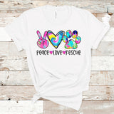 Peace Love Rescue Shirt, Dog Lover Shirt, Dog Rescue Shirt, Tie Dye Dog Shirt, Gift for Her, Gift for Mom, Peace Sign, Heart, Paw Unisex
