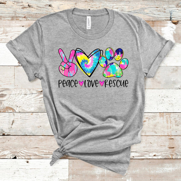 Peace Love Rescue Shirt, Dog Lover Shirt, Dog Rescue Shirt, Tie Dye Dog Shirt, Gift for Her, Gift for Mom, Peace Sign, Heart, Paw Unisex