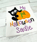 My 1st Halloween black cat and pumpkin Shirt for girls, Halloween Shirt for girl, Embroidery Spooky Shirt, Fall shirt girls, customizable