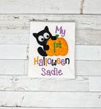 My 1st Halloween black cat and pumpkin Shirt for girls, Halloween Shirt for girl, Embroidery Spooky Shirt, Fall shirt girls, customizable