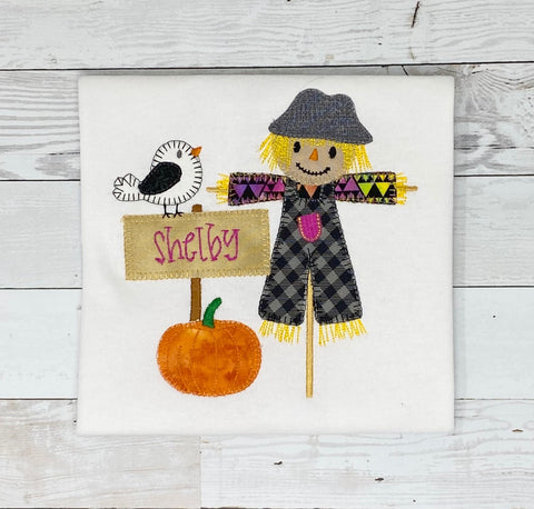 Scarecrow Scene Appliqué Shirt for girls, Sketch Embroidery Halloween Fall Shirt for girl, Embroidery Shirt, Fall shirt, customizable