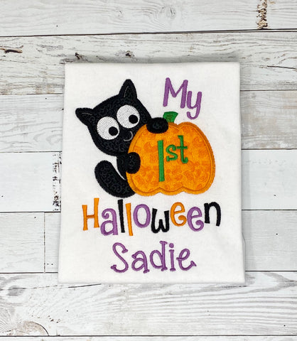 My 1st Halloween black cat and pumpkin Shirt for girls, Halloween Shirt for girl, Embroidery Spooky Shirt, Fall shirt girls, customizable