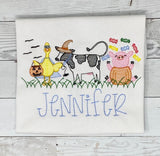 Halloween Farm Animals Shirt for girls, Sketch Embroidery Halloween Shirt for girl, Embroidery Spooky Shirt, Fall shirt girls, customizable