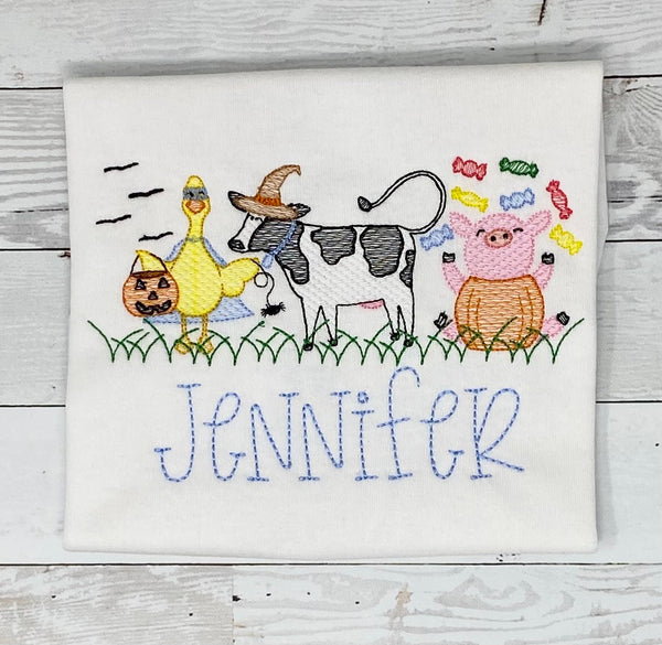 Halloween Farm Animals Shirt for girls, Sketch Embroidery Halloween Shirt for girl, Embroidery Spooky Shirt, Fall shirt girls, customizable