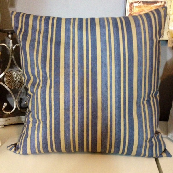 Was *35.00* Blue and tan "Ticking in Blue" pillow with insert included 18x18 inch with Gorgeous Tim Holtz Cotton Fabric on both sides