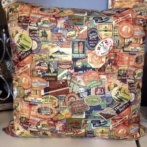 Was *35.00* Rust Navy, "Travel Labels in Neutral" pillow with insert included 18x18 inch Gorgeous Tim Holtz Cotton Fabric on both sides
