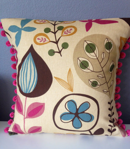 Beige, Blue, Pink, Yellow, Brown foliage pattern pillow cover, insert not included 14x14 inch with Gorgeous Home Decor Fabric on both sides