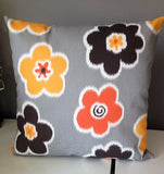 Was *32.00* Gray yellow orange and white flower decorative pillow, insert is included 16x16 inch home decor fabric on both sides