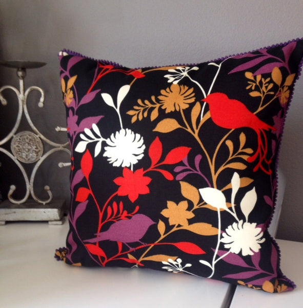 Was *32.00*Black / Red Purple White Yellow birds and leaves decorative pillow, insert is included 18x18 inch home decor fabric on both sides
