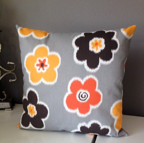 Was *32.00* Gray yellow orange and white flower decorative pillow, insert is included 16x16 inch home decor fabric on both sides