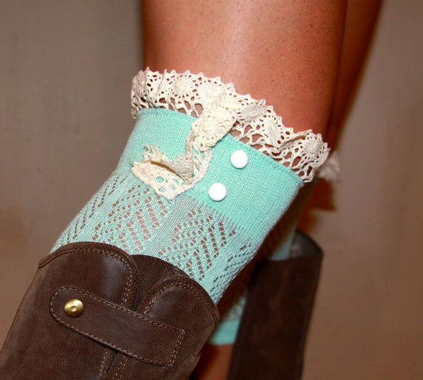 Knit aqua blue lace topped boot cuff topper