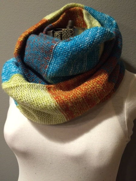 Blue Orange and Yellow striped Knit Mohair Wool Cowl Chunky Super Soft Neck Warmer Circle Loop Infinity Scarf