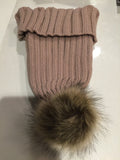 Beige Knit Hat with brown Fur pom pom.