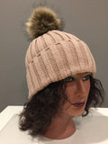 Beige Knit Hat with brown Fur pom pom.