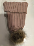 Beige Knit Hat with brown Fur pom pom.