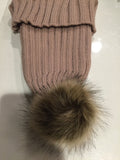 Beige Knit Hat with brown Fur pom pom.