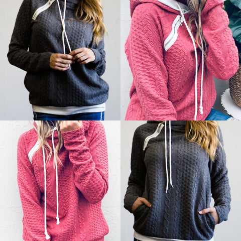 Texture Knit Hoodie with Side Zipper
