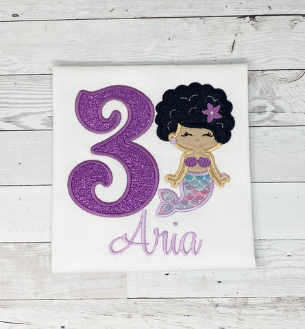 Curly Hair Mermaid Birthday Shirt, Girls Birthday Shirt, Mermaid, Mermaid Age Name Shirt, Girls Birthday Shirt, Embroidery Shirt for Girls, Gift for girl