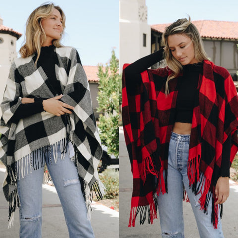 Buffalo Check Tassel Poncho