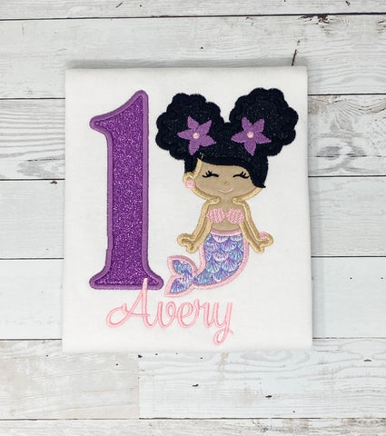 Mermaid Birthday Shirt, Girls Birthday Shirt, Afro Puff Hair Mermaid, Mermaid Age Name Shirt, Girls Birthday Shirt, Embroidery Shirt for Girls, Gift for girl