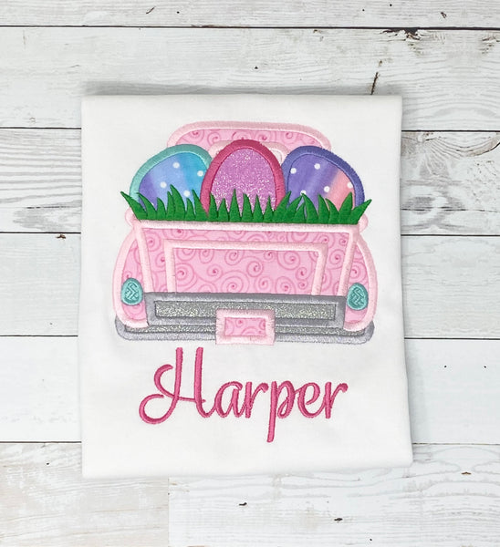 Truck with Easter Eggs Name Shirt, Girls Easter Shirt, Egg Hunting Top, Easter Name Shirt, Girls Easter outfit, Embroidery Shirt for Girls, Gift for girl