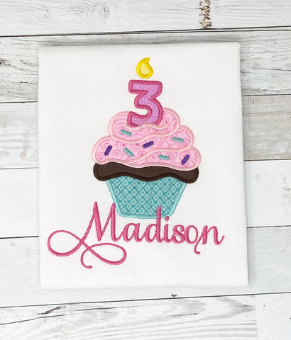 Cupcake Candle Age Birthday Shirt, Girls Birthday Shirt, Cupcake Shirt, Cupcake Age Name Shirt, Girls Birthday Shirt, Embroidery Shirt for Girls, Gift for girl