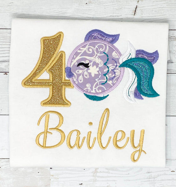 Fancy Fish Age Name Birthday Shirt, Girls Birthday Shirt, Mermaid, Mermaid Age Name Shirt, Girls Birthday Short, Embroidery Shirt for Girls, Gift for girl