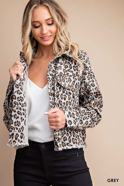 Leopard Printed Cropped Denim Jacket