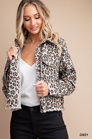 Leopard Printed Cropped Denim Jacket