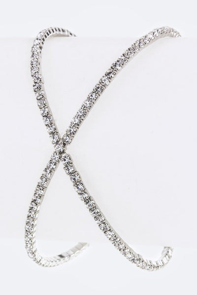 Crossed Crystal Open Bangle Silver