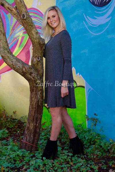 Gray Long Sleeve Midi Shift Dress