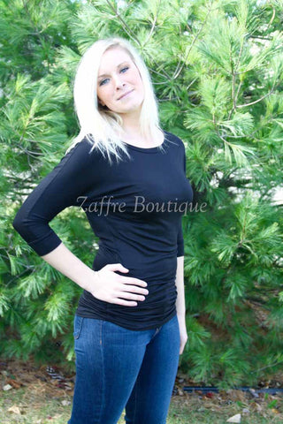 Black Dolman Sleeve Cinched Side Tunic Top